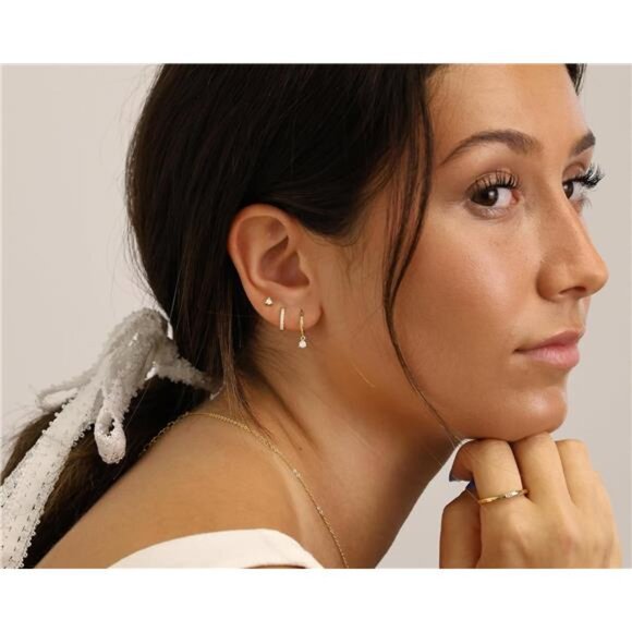 3-Pair Gold Hoop Earrings Set: Dainty 14K Gold Plated Studs & Huggie Hoops - Picture 2 of 8